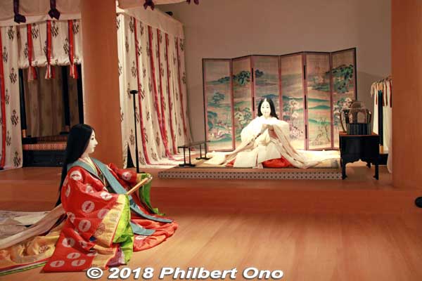 Living quarters of the Saio princess. Woman in front is the Myobu, the Saio’s first lady-in-waiting. 斎王の居室
Keywords: mie meiwa saiku history museum
