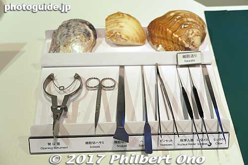 Instruments for embedding the nucleus into the oyster. Like a dentist.
Keywords: mie toba Mikimoto Pearl Island museum