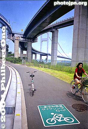 Cycling Road
サイクリング　ロード - Above the bicycle symbol in green, it reads "Cycling Road." (Above that is "Shimanami Kaid?.") It is obvious that this is a path for bicycles.

Place: Island in the Seto Inland Sea. The Shimanami Kaidō is a roadway connecting several bridges spanning across a few islands in the Seto Inland Sea from Imabari in Ehime Pref., Shikoku to Onomichi in Hiroshima.
