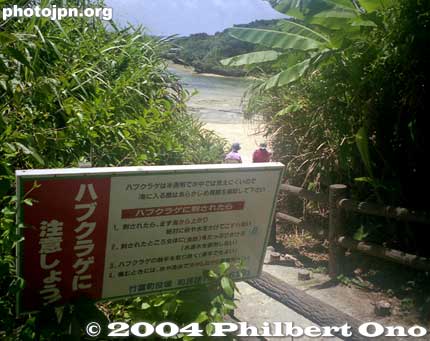 Beware of Jellyfish
ハブクラゲに注意しよう！ - "Habu kurage ni chūi shiyō." Beware of jellyfish. In Okinawa, "habu kurage" (Chiropsalmus quadrigatus) is a type of poisonous jellyfish whose venomous sting can cause death.

Place: Taketomi island, Okinawa.
Keywords: warning sign photographer
