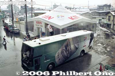 Pavilion by Kirin Brewery.
Notice the "wrap" bus passing in front. 
Keywords: nagano prefecture 1998 winter olympics