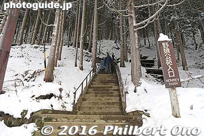 Go up these steps to the park admission gate.
Keywords: nagano yamanouchi-machi snow monkeys onsen hot spring jigokudani yaen park