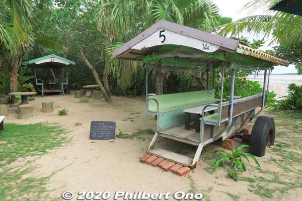 A nice cafe at Manta Beach on Yubu. Sit on old water buffalo carts.
Keywords: okinawa Iriomote yubu island
