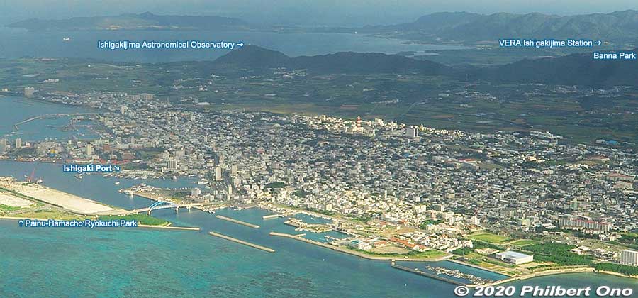 Ishigaki is the gateway to Okinawa Prefecture's Yaeyama Islands. Ishigaki Airport near central Ishigaki is how most visitors get to Yaeyama.
Bird's eye view of central Ishigaki from a jet plane going to land at Ishigaki Airport.
Keywords: okinawa Ishigaki