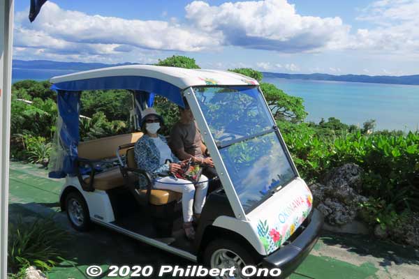Here's a cart going up to Kouri Ocean Tower. The cart is also narrated with scenic points. This was after our cart.
Keywords: okinawa nakajin-son kouri kori island