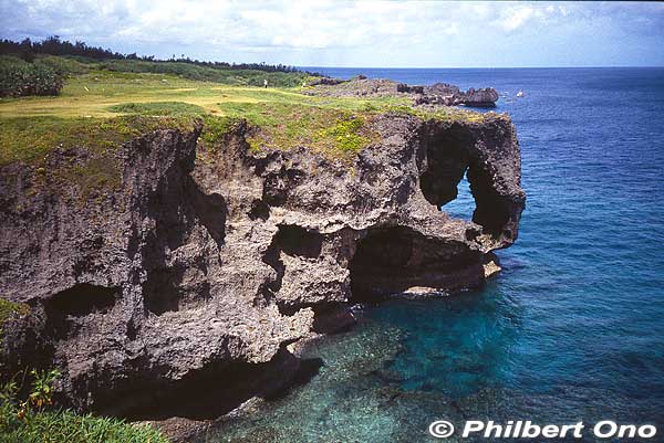 Cape Manzamo, one of Okinawa Island's main tourist attractions. Rock formation with a hole or elephant's trunk. It faces the East China Sea. 万座毛
Keywords: okinawa onnason manzamo