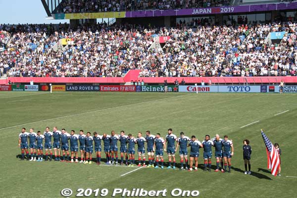 USA rugby team singing their national anthem at Kumagaya, Saitama.
Keywords: saitama Kumagaya Rugby World Cup stadium