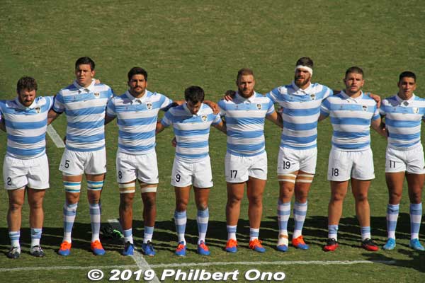Argentina rugby team singing their national anthem at Kumagaya, Saitama.
Keywords: saitama Kumagaya Rugby World Cup stadium