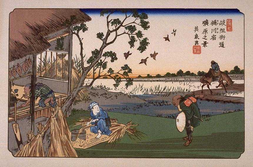 Keisai Eisen's print shows a traveler approaching a house to ask for directions to Hikawa Tenman Shrine. A woman farmer is threshing grain, and her husband smoking a pipe in the house. 
Tobacco leaves are drying from the eaves. A man sits sideways on a pack horse headed in the opposite direction. 岐阻街道 桶川宿 曠原之景
Keywords: saitama okegawa-juku nakasendo