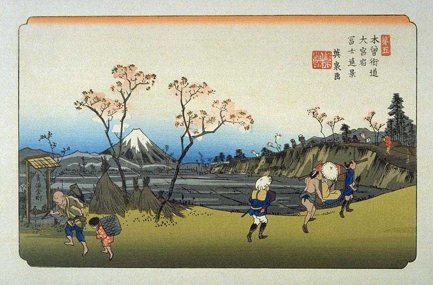 Eisen's woodblock print of Omiya (5th post town on the Nakasendo) from his Kisokaido series.
Keywords: saitama omiya hiroshige