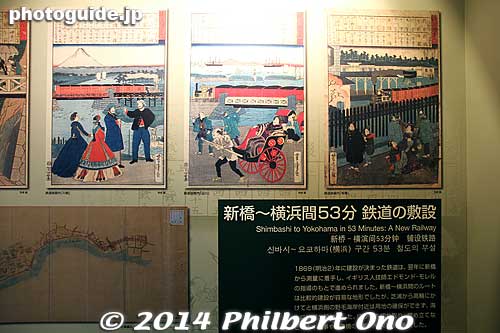 Woodblock prints depicting Japan's first railroad.
Keywords: saitama omiya Railway railroad Museum train shimbashieki