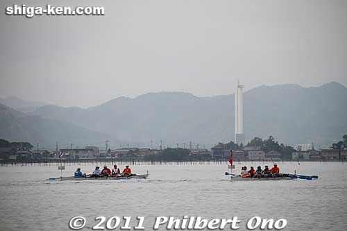 Rowing off Maibara in northern Shiga. The tall white tower belongs to an elevator manufacturer for testing their elevators. Maibara is best known for Mt. Ibuki and Shiga's one and only shinkansen bullet train station.
Keywords: shiga lake biwa fisa world rowing tour biwako lake biwa maibara boats 