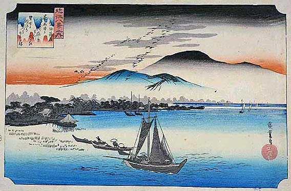 Ukiyoe woodblock print by Hiroshige showing "Descending Geese at Katata" with Ukimido in the background. 近江八景「堅田の落雁」
Keywords: shiga biwako lake biwa