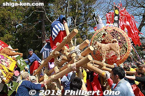 This clashing (or crashing) of floats is called "kenka" (fight). It lasts until 5 pm in front of the shrine (parking lot).
Keywords: shiga omihachiman sagicho matsuri festival float 2018 dog