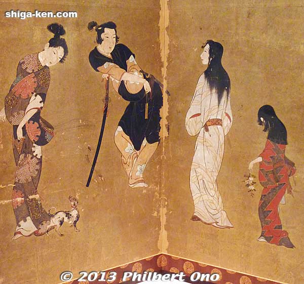 Notice the tobacco pipe and Western dog too. Artist is unknown, but likely belonged to the Kano school of Japanese painting (狩野派). 
Keywords: shiga hikone castle byobu folding screen kokuho national treasure