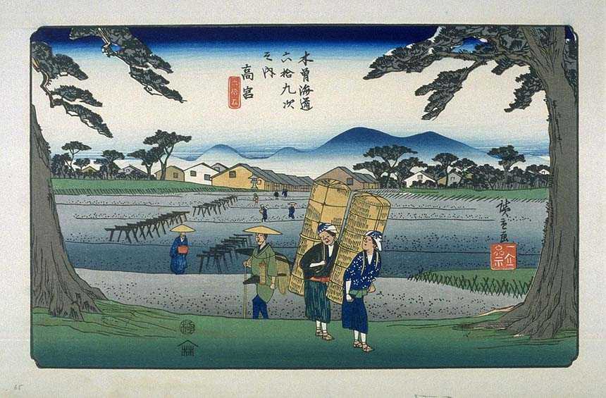 Hiroshige's woodblock print of Takamiya (65th post town on the Nakasendo) from his Kisokaido series. Suzuka mountains in the background.
Keywords: shiga hikone takamiya-juku hiroshige