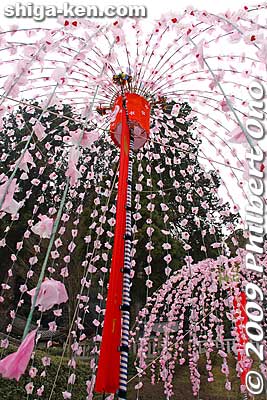 Under a hoinobori, made of bamboo strips wrapped with paper and attached with paper flowers, usually pink.
Keywords: shiga hino-cho Minami Sanno Matsuri Festival hoinobori streamers