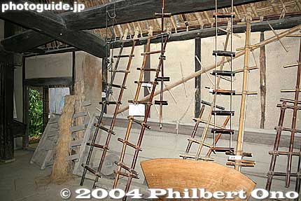 Inside Koka Ninja Museum which opened in 1983. The dirt-floored room has various ninja ladders.
Keywords: shiga koka koga ninja village house ninjutsu