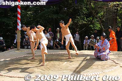 Sanyaku Soroifumi has the top three ranking wrestlers (Ozeki, Sekiwake, Komusubi) stomp the ring to further purify the ring as they face the shrine.
Keywords: shiga maibara hinade jinja shrine sumo festival matsuri 