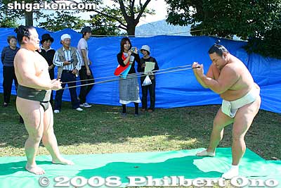 Ozeki Chiyotaikai works out and gives a great photo op.
Keywords: shiga maibara sumo exhibition tournament wrestlers rikishi ozumo maibarasumo