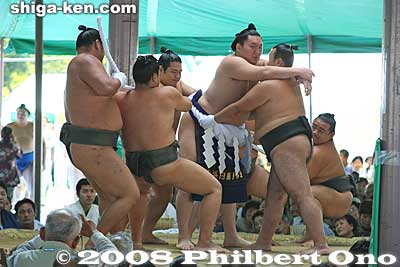 Demonstration of putting on the yokozuna rope belt on Yokozuna Hakuho.
Keywords: shiga maibara sumo exhibition tournament wrestlers rikishi ozumo Yokozuna Hakuho maibarasumo