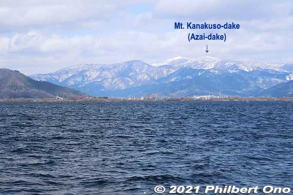 Mt. Kanakuso-dake (金糞岳 or Azai-dake) overlooks Takatsuki in Nagahama. Kanakuso-dake is indeed Shiga's second highest mountain (1,317 m). Part of Yamamoto-yama (dark green) can be seen on the left in the foreground. 
Keywords: shiga nagahama port Lake Biwa biwako cruise boat biwakobest