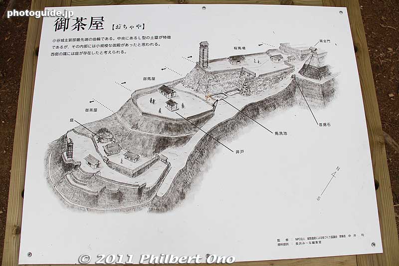 Illustration of the Ochaya (on the lower left terrace). The area was divided into two by a dirt wall and had an L shape. It was a military outpost and included a small garden. 御茶屋跡
Keywords: shiga nagahama kohoku-cho odani castle mt. mountain 