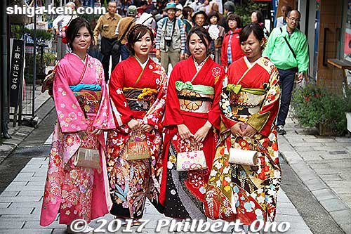 It's almost like Coming-of-Age Day in mid-January when 20-year-olds wear kimono to the official ceremony. But these women can be older than 20. 
I believe most of them are from Shiga, but a good number are also from nearby prefectures like Gifu, Aichi, and Kyoto. A few were foreigners, probably local English teachers. Nagahama, Shiga.
Keywords: shiga nagahama shusse matsuri festival kimono ladies women kimonobijin