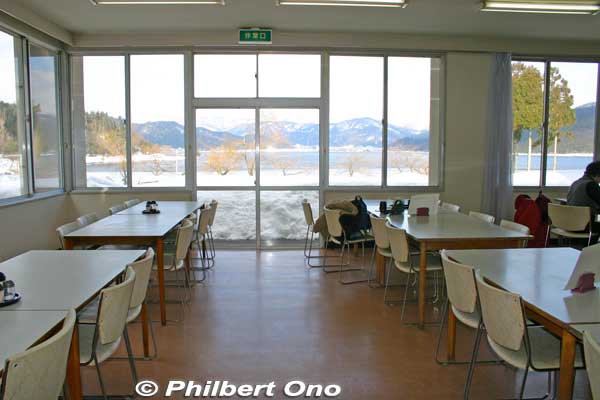 Dining room at Yogoko-so lodge. This is where I took a lunch break. Great place to warm up (especially your feet). 国民宿舎　余呉湖荘
Sadly, this pension closed in Sept. 2013 due to aging facilities.
Keywords: shiga yogo lake winter snow