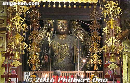 Normally, you cannot see this Buddha through the altar since the Buddha is housed behind closed doors. We were allowed to walk behind the altar to see the giant Buddha in its shelter with the doors open. 
A large, impressive Buddha. No photos were allowed.
Keywords: shiga otsu ishiyama-dera temple buddha hidden