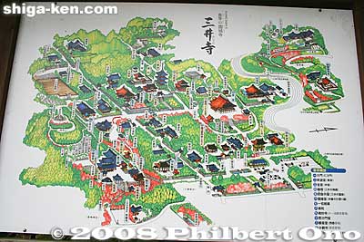 Map of Miidera temple showing a variety of structures at the foot of Mt. Nagara (not Mt. Hiei). There are about 40 buildings, but you can enter only a few of them. It's not a huge complex, but allow at least 90 min. to see the major things.
Keywords: shiga otsu miidera onjoji temple tendai buddhist sect