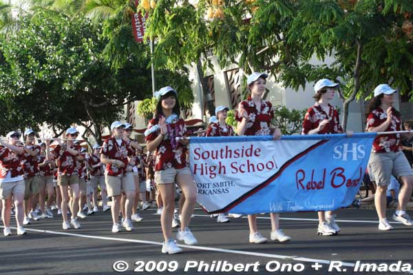 Southside High School Rebel Band from Fort Smith, Arkansas, marching in Pan-Pacific Festival parade in Honolulu, Hawaii.
Keywords: hawaii honolulu waikiki pan-pacific festival matsuri in