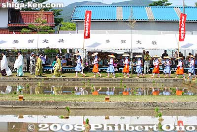 Spectator tents were set up on both sides of the rice paddy. There weren't so many people. Not all the benches were filled.
Keywords: shiga taga-cho taga taisha shrine shinto festival matsuri rice seedlings paddy paddies planting priests