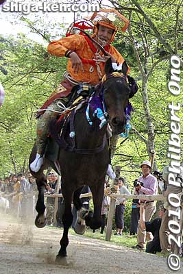 The horseback archer on his second run. He did not shoot any arrows. 
Keywords: shiga takashima shichikawa matsuri5 festival 
