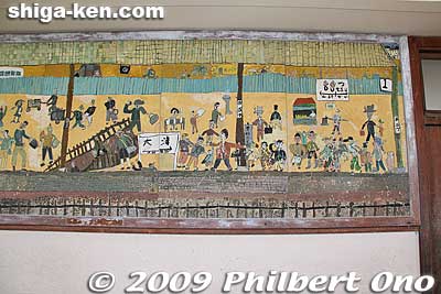 On the second floor,  a mural depicting a train station.
Keywords: shiga toyosato primary elementary school vories 