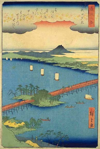 Omi-Hakkei (Eight Views of Omi 近江八景): Evening Glow at Seta. Today, you can see a modern version of Seta-no-Karahashi Bridge.
Keywords: shiga ukiyoe woodblock prints hiroshige lake biwako