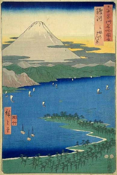 Hiroshige's woodblock print of Miho no Matsubara Beach and Mt. Fuji from his "Famous Views of the 60 Provinces" series.
Keywords: shizuoka hiroshige