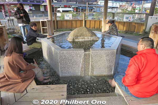 Tourists at a foot bath at Kinugawa Onsen Station.
Keywords: tochigi nikko Kinugawa Onsen Station