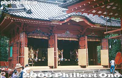 Mikoshi stored in the Otabisho's Shinden Hall, a resting place for spirits in transit. 御旅所　御神殿
Keywords: tochigi nikko toshogu shrine spring festival