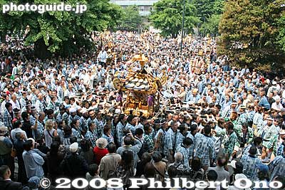 On the second day (Sat.) of the Asakusa Sanja Matsuri at noon, numerous mikoshi (portable shrines) gather behind Sensoji temple, and wait their turn to depart for the streets of Asakusa.
Keywords: tokyo taito-ku asakusa sanja matsuri festival sensoji mikoshi portable shrine crowd matsuri5