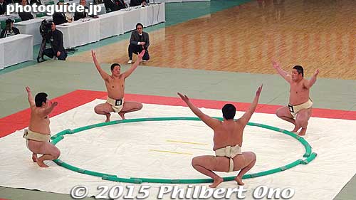 Sumo. A college sumo club. Sumo ring is just a mat (no dirt) for Budo Hajime at the Budokan.
Keywords: tokyo chiyoda-ku budokan martial arts japansumo