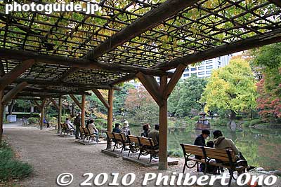 Wisteria vines shade a few benches fronting Kumogata Pond. 
Keywords: tokyo chiyoda-ku hibiya koen park 
