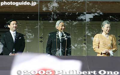 Crown Prince Hiro, Emperor Akihito, and Empress Michiko behind bulletproof glass on the veranda of the Chowaden Hall on the Emperor's Birthday. See more [url=http://photoguide.jp/pix/thumbnails.php?album=158]photos of the Emperor's birthday[/url
Keywords: tokyo chiyoda-ku imperial palace kokyo