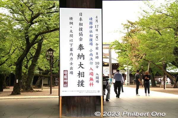 At Yasukuni Shrine, sign indicating that sumo will be held on April 17, 2023. Sumo has been held at Yasukuni Shrine annually since 1869 to console the spirits at the shrine. It's part of the shrine's religious ceremonies and festival in spring. 
Keywords: tokyo Chiyoda-ku Yasukuni Shrine sumo