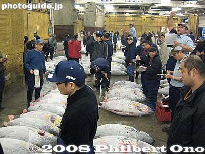 Frozen tuna auctions at Tsukiji Fish Market.
Keywords: tokyo chuo-ku tsukiji fish market Metropolitan Central Wholesale Market tuna