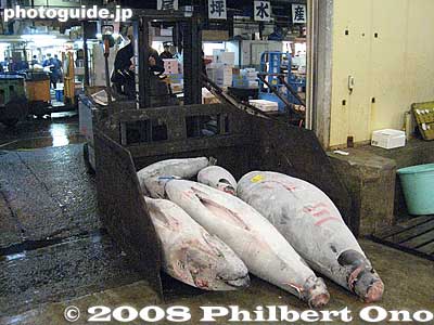 After the auctions are over, they haul out the fish using a variety methods.
Keywords: tokyo chuo-ku tsukiji fish market Metropolitan Central Wholesale Market frozen tuna