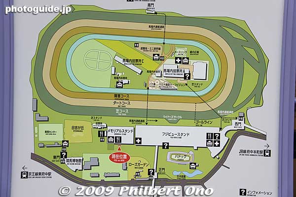 Map of Tokyo Race Course. There are also amusement facilities within the race course oval itself, accessible through an underground tunnel.
Keywords: tokyo fuchu race course horse racing 