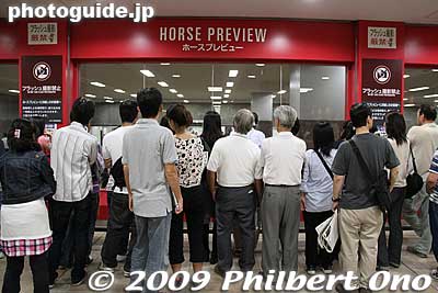 Another place where you can preview horses is here, after a race. This is the basement of the Fuji View Stand. No flash photography allowed.
Keywords: tokyo fuchu race course horse racing 
