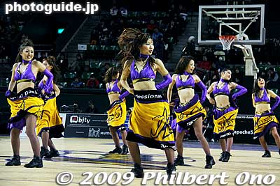 Tokyo Apache Dance Team use a large towel as a prop.
Keywords: tokyo koto-ku ward ariake Colosseum Coliseum pro basketball game players apache cheerleaders