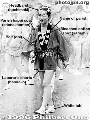Standard uniform of portable shrine bearers (for both men and women).
The headband may be tied at the front or back of the head. It may also be tied on the head like a bonnet. There is a variety of ways of tying the headband.

The happi coat bears the name of the parish or district the person belongs to. The same name is displayed on the respective portable shrine. The shorts are white and skintight. Worn by both men and women. Also called Han-momo or Han-momohiki. The white tabi (sock-like shoe) has a rubber sole.
Keywords: tokyo koto-ku fukagawa hachiman matsuri festival mikoshi portable shrine woman happi coat